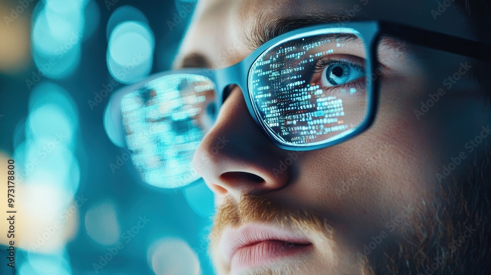 Poster a close up of a cybersecurity analyst monitoring a screen with threat alerts, emphasizing the import