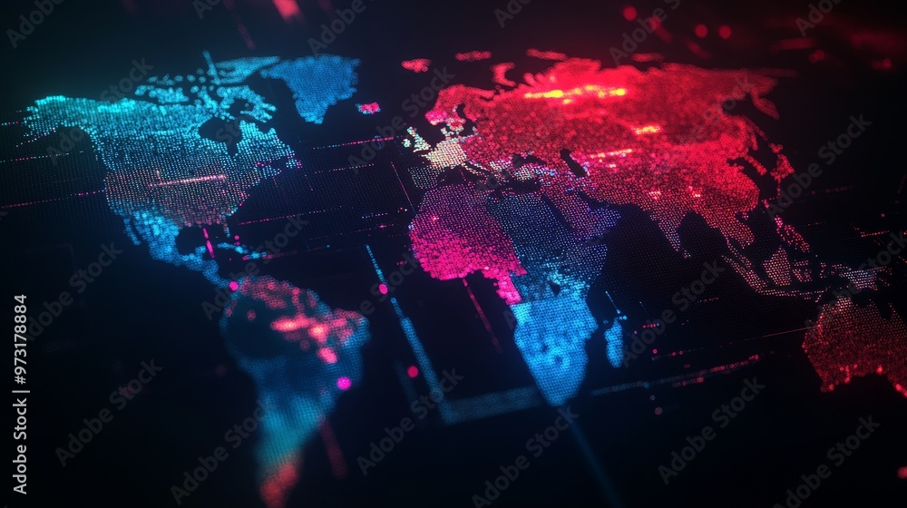 Canvas Prints 3d world map backlit in red and blue colors on a dark background