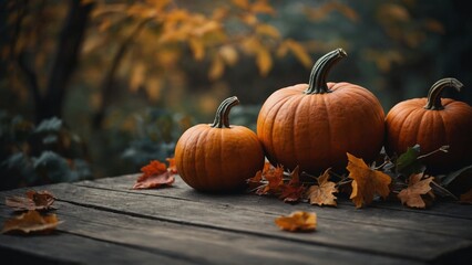Rustic wood board table with pumpkins, leaves, and fall trees autumn background