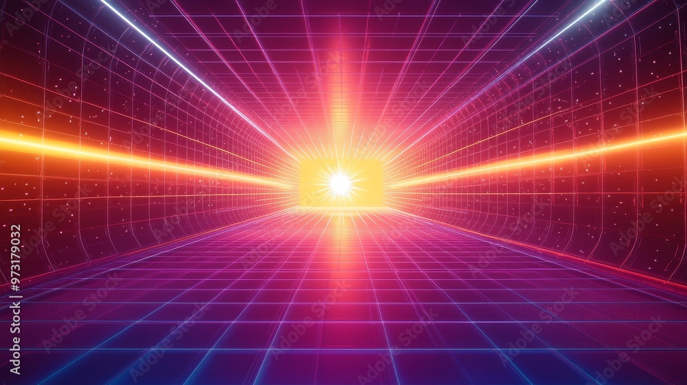 Poster 3d animation of a futuristic tunnel with bright neon lights and a grid on the floor