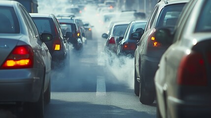 Fototapeta premium Line of cars stuck in a heavy traffic jam emitting thick exhaust smoke on a city road during daytime.