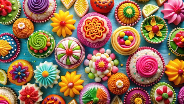 Vibrant, sugary treats sit beautifully arranged on a pastel-hued background, showcasing colorful candita, a sweet Mexican candy, with intricate designs and swirling patterns.