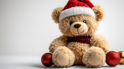 a teddy bear wearing a santa hat and a red ball

