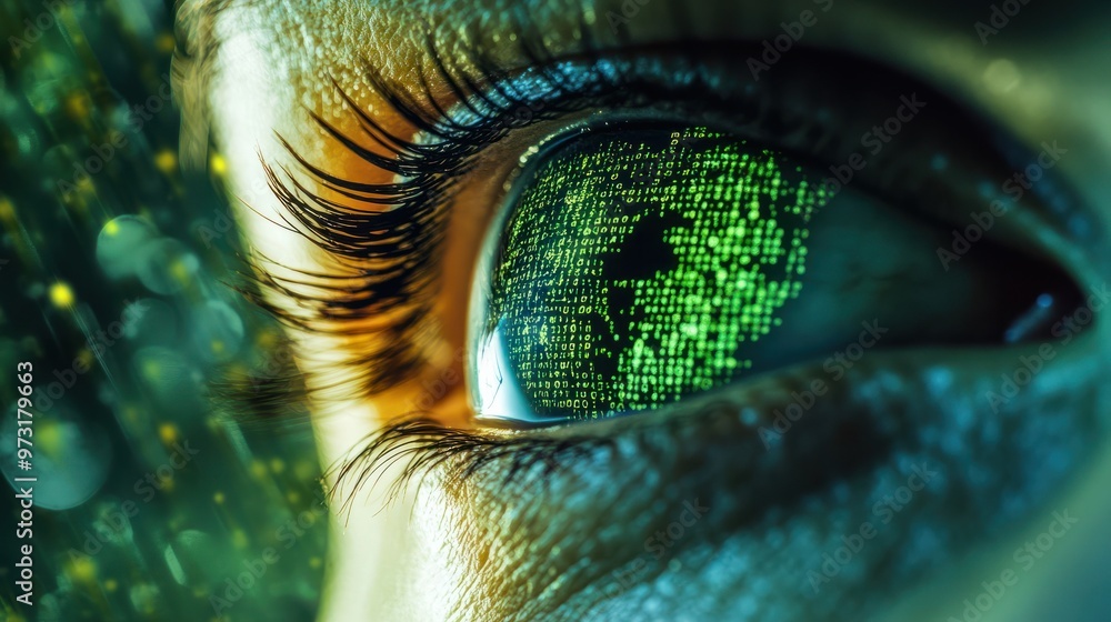 Poster human eye close-up on green tech background, hacker face and digital data pattern. concept of cyber 