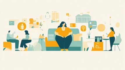 Illustrative infographic featuring a design of a modern office environment with people and workspace elements