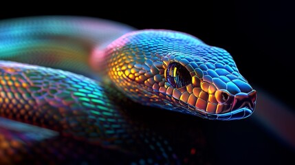 Fototapeta premium 3d animation of a bright snake with rainbow scales on a dark background