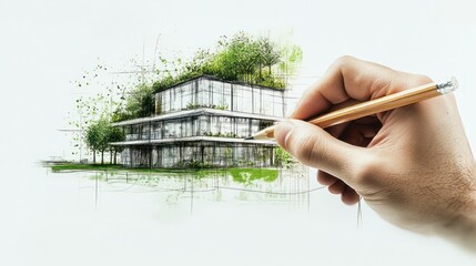 Image of a hand holding a pencil over a green sustainable building concept sketch