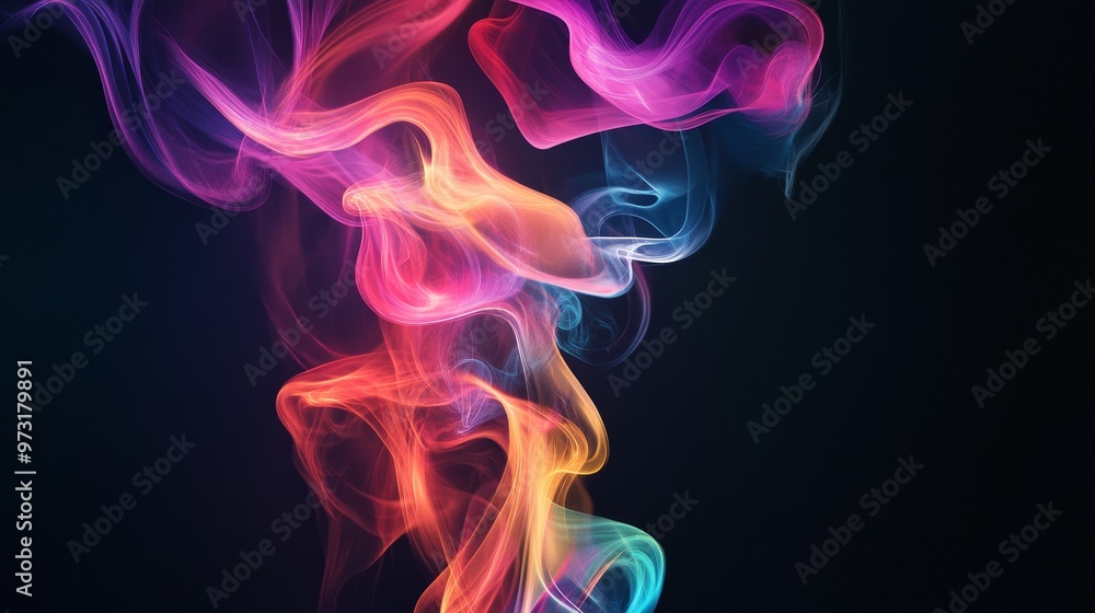Poster colored smoke curls on a dark background creating an abstract shape