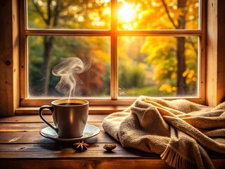 Warm sunlight pours through a rustic windowpane, illuminating a cozy morning scene with a steaming cup of coffee and a relaxed, lazy Sunday vibe.