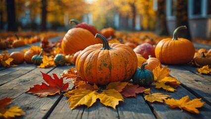 Rustic wood board table with pumpkins, leaves, and fall trees autumn background