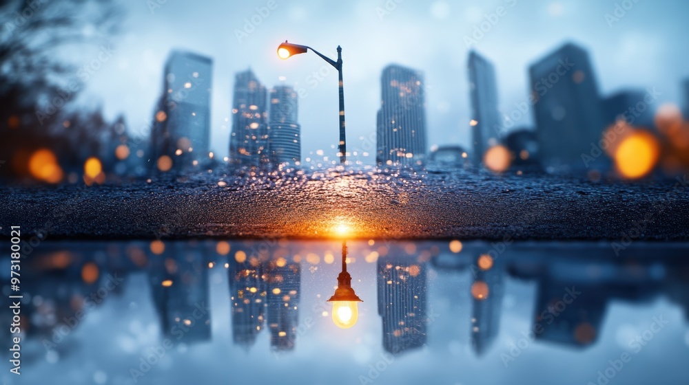 Canvas Prints A puddle reflecting a streetlamp, casting a distorted and elongated reflection of a hand drawn illustration of a cityscape, creating a dreamlike and urban atmosphere.