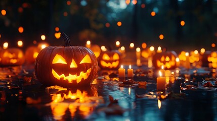 Illuminated Jack-o'-Lantern in a Forest Pool with Candles and Fallen Leaves