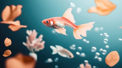 Naklejka premium A fish tank filled with water, refracting light and creating distorted reflections of the colorful, hand drawn illustrations of fish swimming around, showcasing the beauty of underwater life.