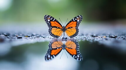Obraz premium A butterfly with its wings outstretched, with the reflection in a puddle creating a symmetrical image, emphasizing the delicate beauty and symmetry of the creature.