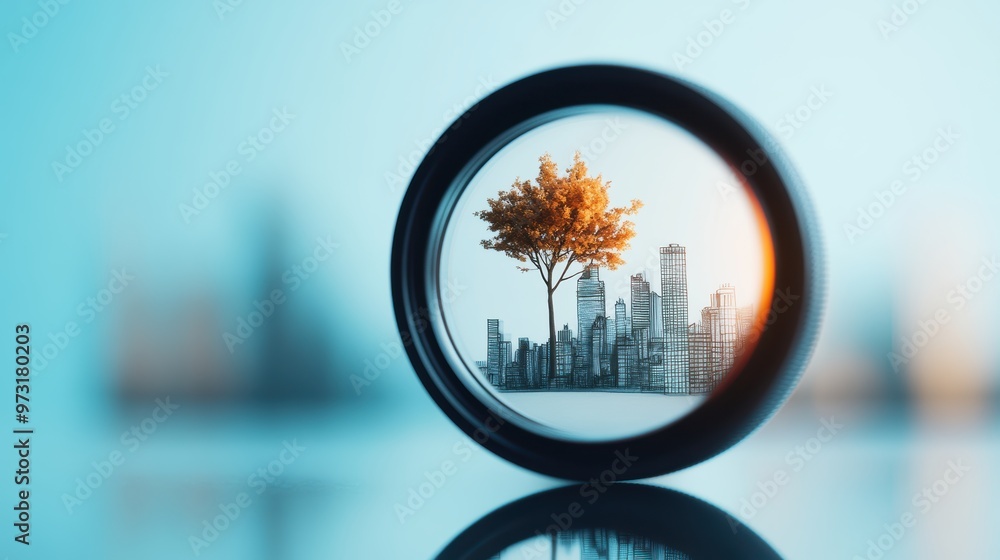 Aufkleber a camera lens focusing on a hand drawn illustration of a cityscape, with the reflection in the lens 