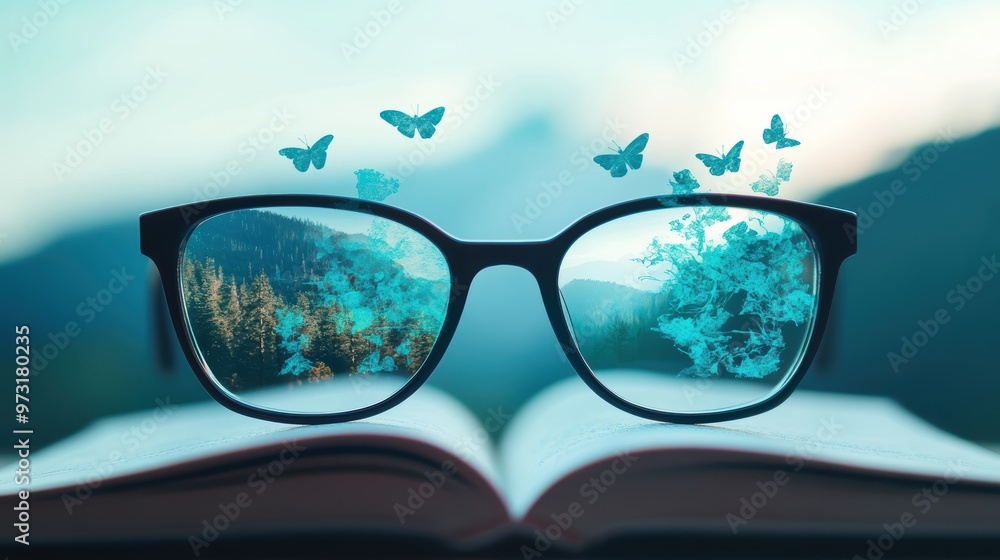 Aufkleber a pair of glasses reflecting a hand drawn illustration of a book, creating a blurred and fragmented 