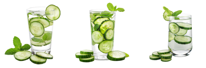 Set of clear glass of cucumber water with slices of cucumber and mint leaves isolated on a transparent background