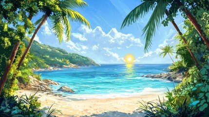 Fototapeta premium A digital illustration of a tropical beach scene with bright turquoise water, vivid green palm trees, and a golden sun shining in a clear blue sky