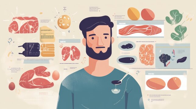 Healthy lifestyle infographic with illustration of man and nutritious food items
