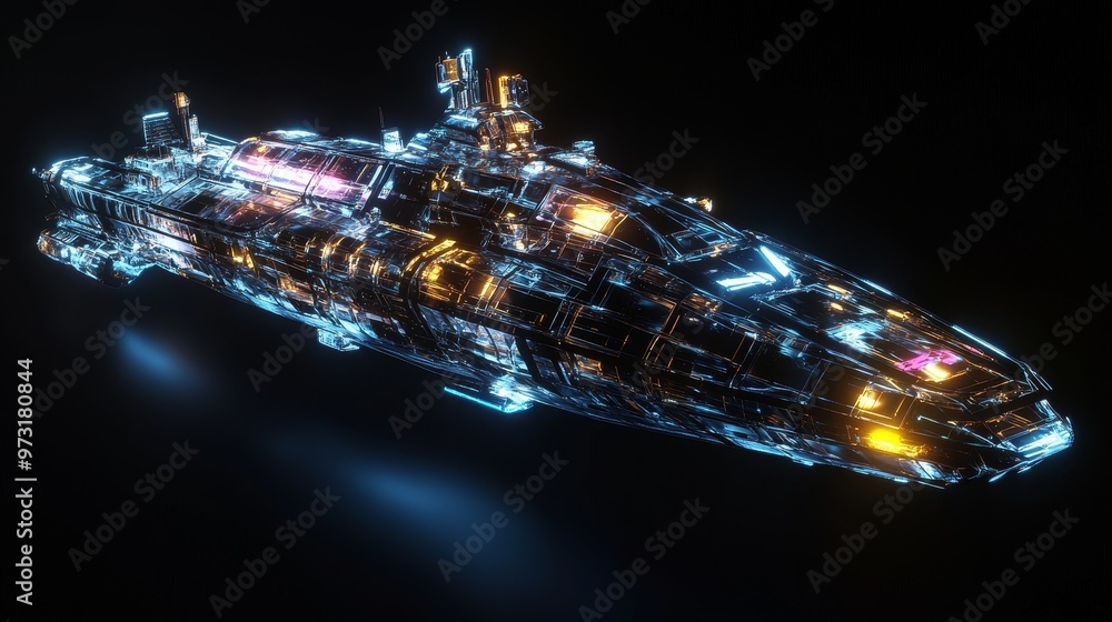 Aufkleber 3d animation of a futuristic spaceship in flight on a black background
