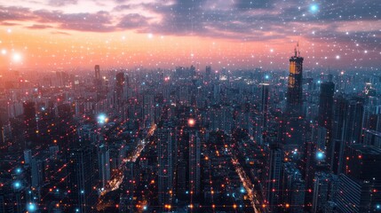 Obraz premium Modern city landscape showing dots and line representing high-speed internet, cloud data storage, computing, global market, global network - AI Generated