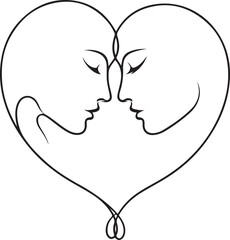 Two faces kissing one line art vector illustration