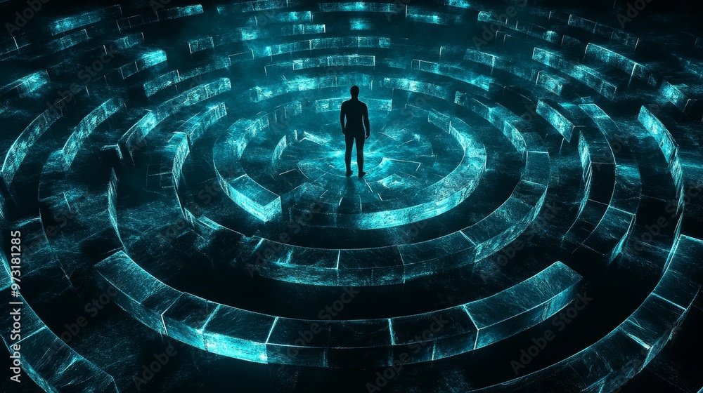 Poster man stands in the center of a glowing maze with circular walls
