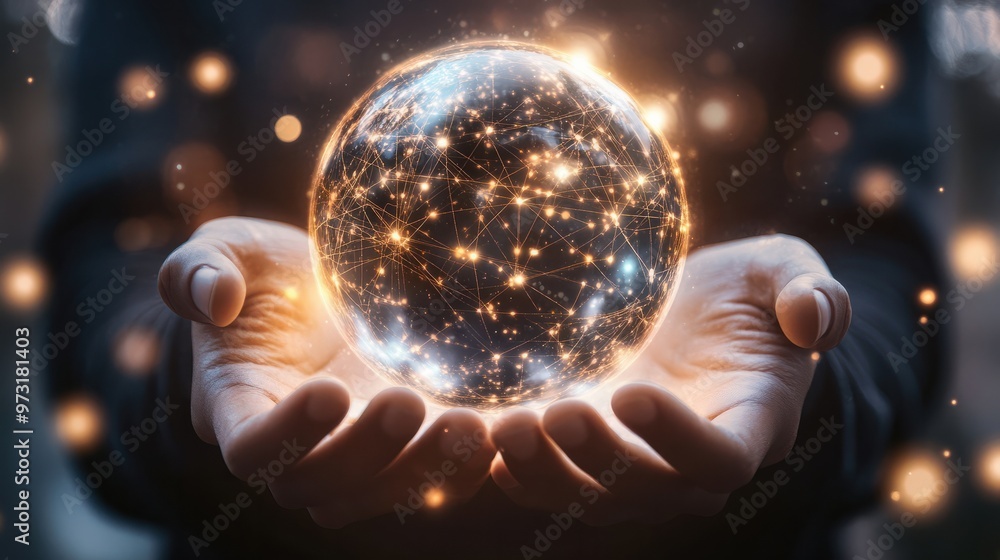 Poster pair of hands holding a transparent globe with digital connections and nodes superimposed over it, r