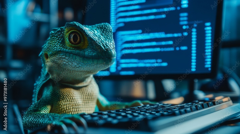 Poster lizard sits at the keyboard in front of a monitor with a code