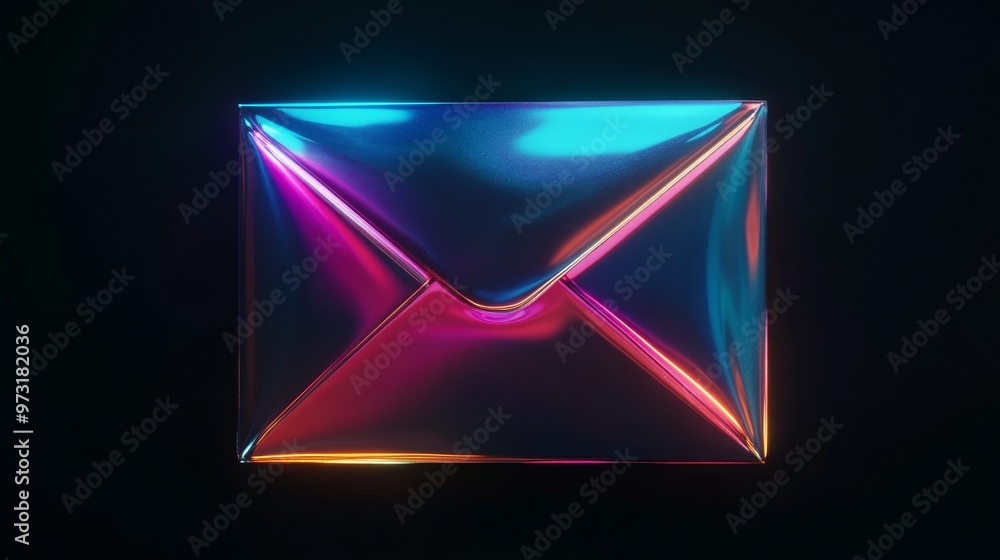Poster neon envelope with shimmering colors on a dark background
