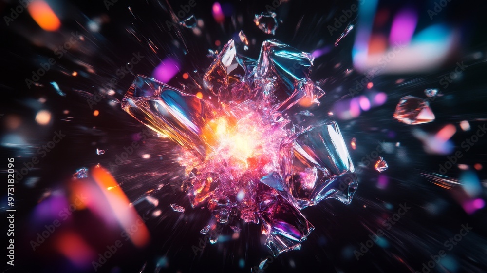 Wall mural explosion of crystals with bright neon flashes