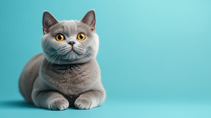 portrait of a british shorthair cat on light blue background. copy space, front advertising shot.