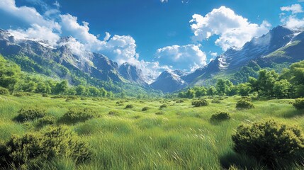 Naklejka premium A green meadow with bushes and trees stretches out before towering mountains. The blue sky is dotted with clouds, and the grass sways gently in the breeze.