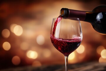 Pouring red wine from bottle into the wineglass on bar Red wine pouring from bottle to glass with generative ai