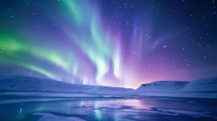 Breathtaking aurora borealis casting ethereal colors of green and purple across a tranquil, snow-covered landscape with a clear, starlit sky, Close-up photo with clean background