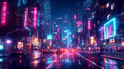 Fototapeta premium A futuristic neon cityscape at night, where all the buildings and streets are lit up in bright, glowing colors, giving a sense of energy and excitement