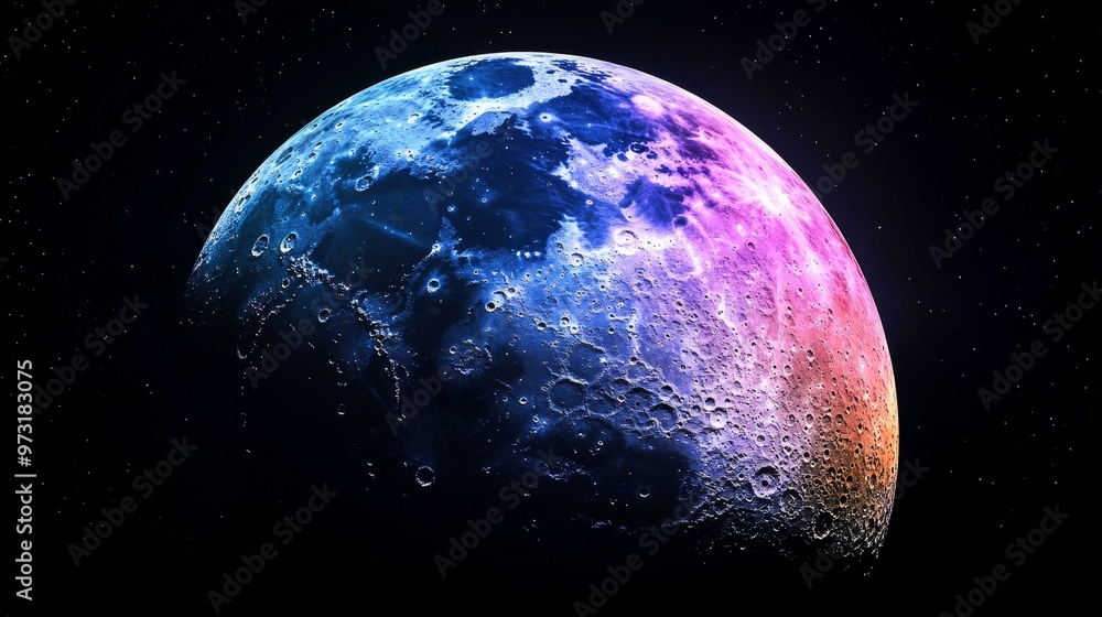 Wall mural color 3d model of the moon with bright tints on a dark background