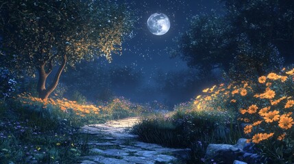 A garden scene under moonlight, where the flowers and leaves are softly illuminated, creating a mysterious and enchanting night atmosphere