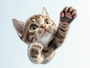 Craft a detailed 3D rendering of a playful kitten viewed from below, set against a plain white backdrop, showcasing its adorable features with precision