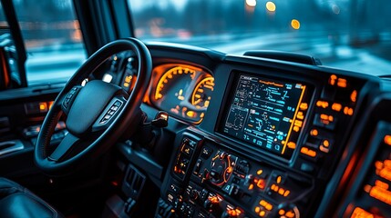 Modern Semi-Truck Cab Interior with Illuminated Dashboard and Digital Display