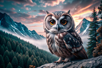 Fototapeta premium Majestic Owl Perched on a Rock in a Mountainous Landscape