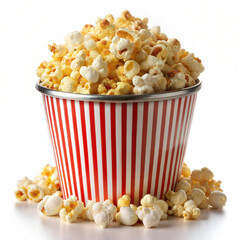 a large striped bucket with delicious popcorn on a white background