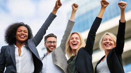 Empowered team celebrating success with raised fists and smiles