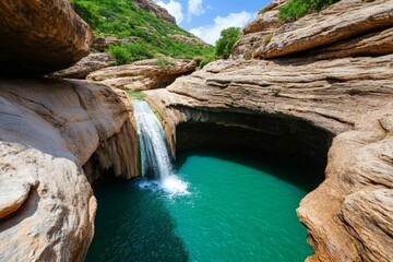 Naklejka premium A hidden oasis nestled in a rocky canyon, with a waterfall cascading into a turquoise pool, surrounded by lush greenery