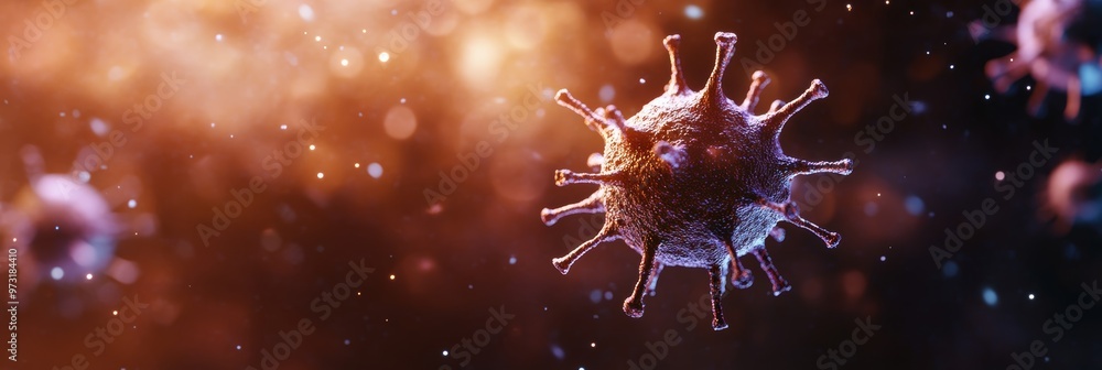Poster close-up of a glowing monkeypox virus particle. contagious disease and pandemic concept.