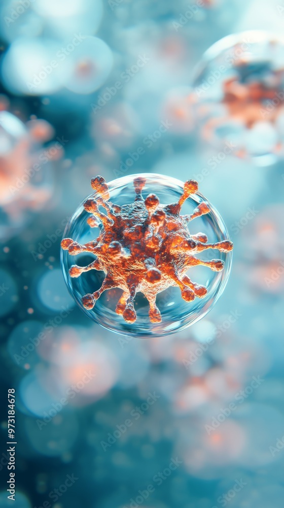 Poster 3D rendering of a monkeypox virus particle in a bubble showing viral structure and spread during an outbreak.