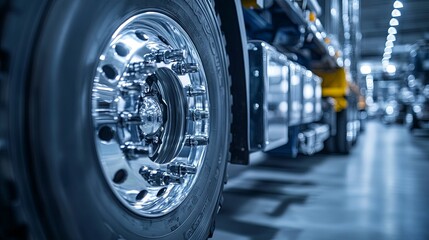 Close-up of a Chrome Wheel on a Semi-Truck