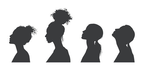 Collection of side view vector silhouettes women's profiles with proportional and best quality vectors. Collection of silhouettes isolated on white background. female silhouette design element