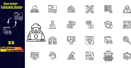 Icons for software development. A set of stroke line icons featuring premium quality and minimalist design with thin lines.