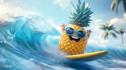 A smiling pineapple wearing sunglasses rides a surfboard down a wave in the ocean, with palm trees in the background.